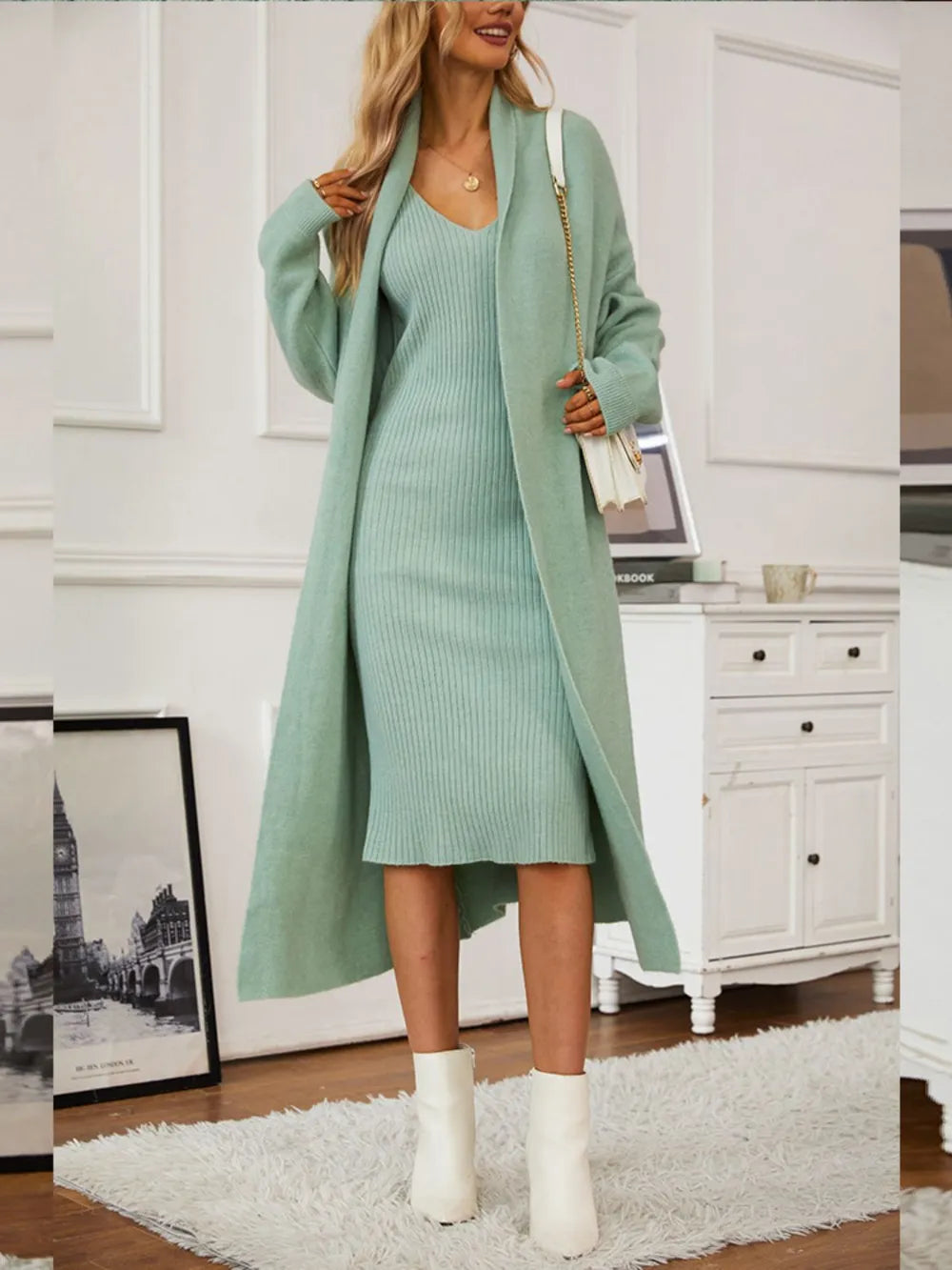 V-Neck Cami Dress and Open Front Cardigan Sweater Set Easy Apparels