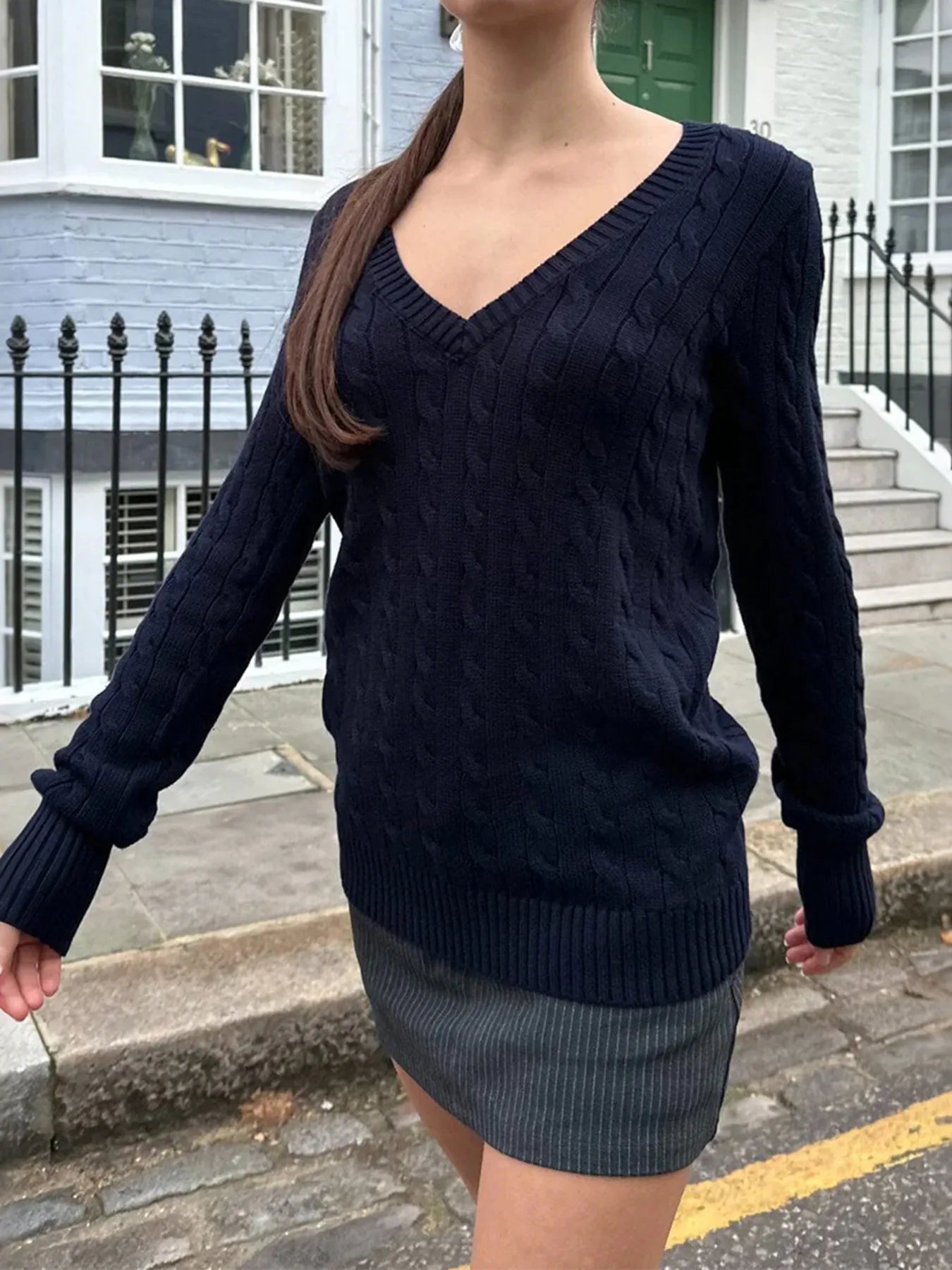 Trendsi Cable Knit V-Neck Sweater