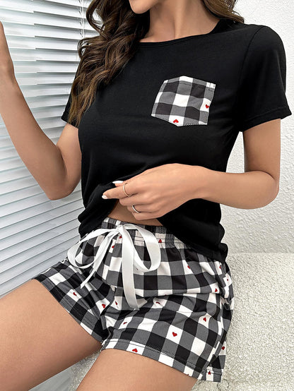 Plaid Heart Top and Shorts Lounge Set Easy Apparels