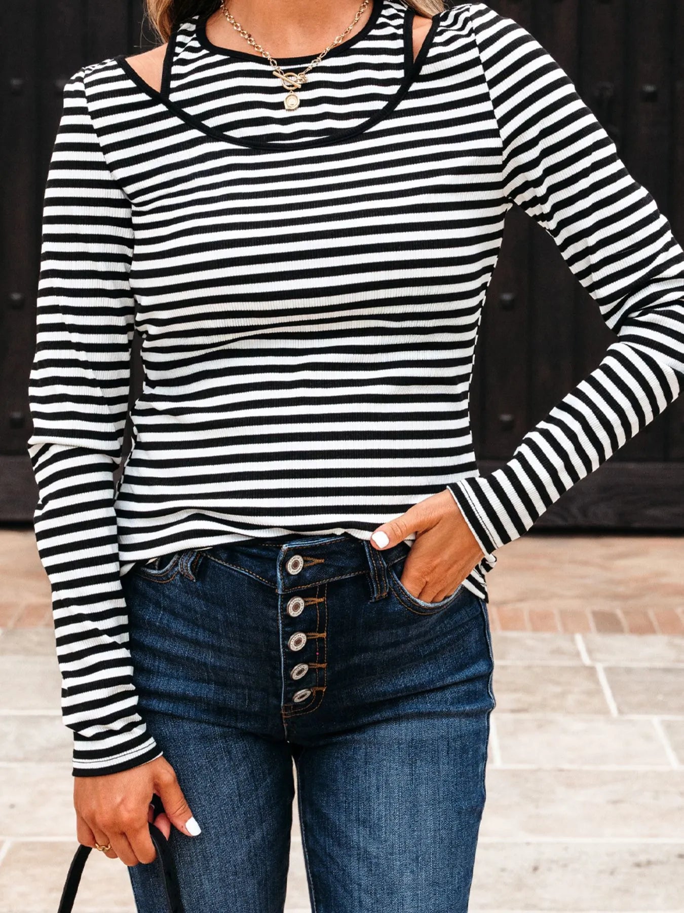 Trendsi Stripe Double-layer Cold Shoulder Long Sleeve Top