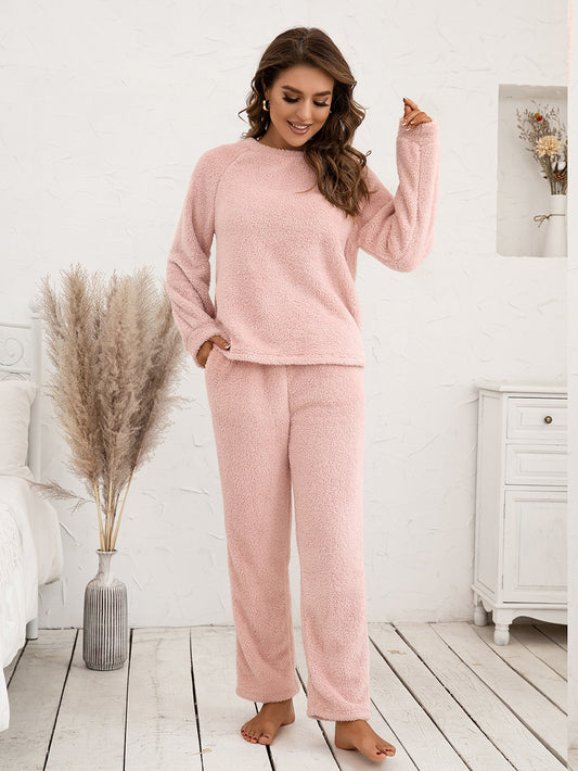 Ivy Lane Teddy Long Sleeve Top and Pants Lounge Set Watermelon pink Easy Apparels