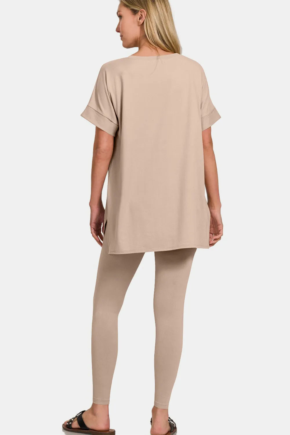 Zenana Full Size V-Neck Rolled Short Sleeve T-Shirt and Leggings Lounge Set Easy Apparels