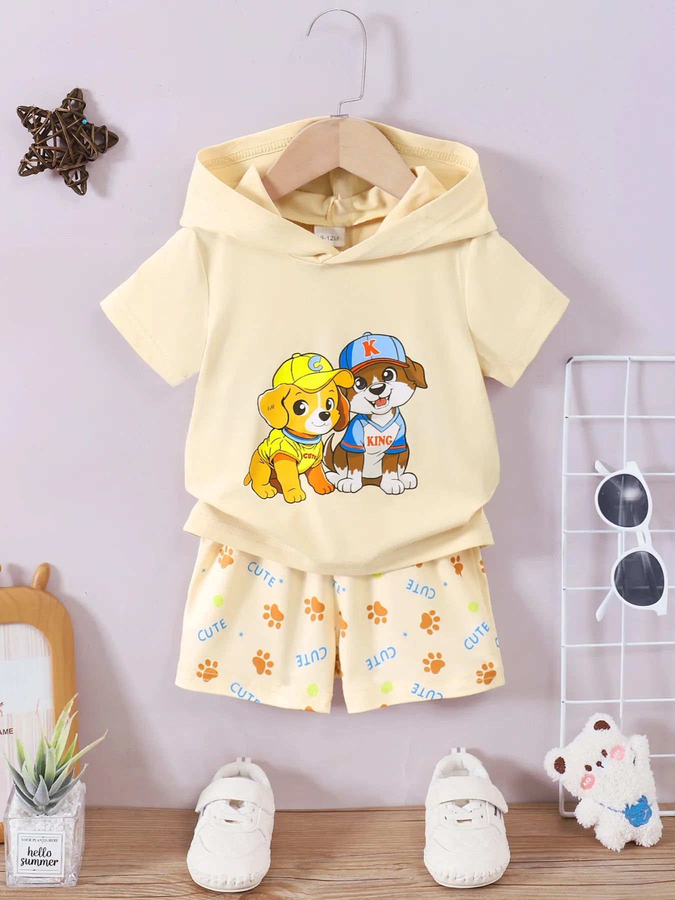Children's Dog Short Sleeve Hoodie and Shorts Set Pastel Yellow Easy Apparels