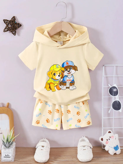 Children's Dog Short Sleeve Hoodie and Shorts Set Pastel Yellow Easy Apparels