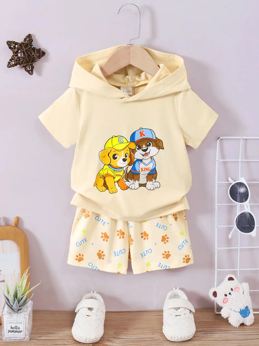 Children's Dog Short Sleeve Hoodie and Shorts Set Pastel Yellow Easy Apparels