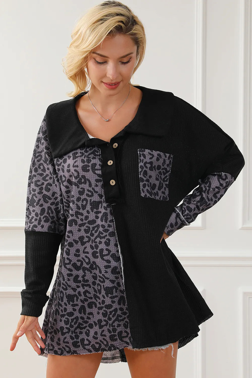 Trendsi Half Button Leopard Collared Neck Blouse