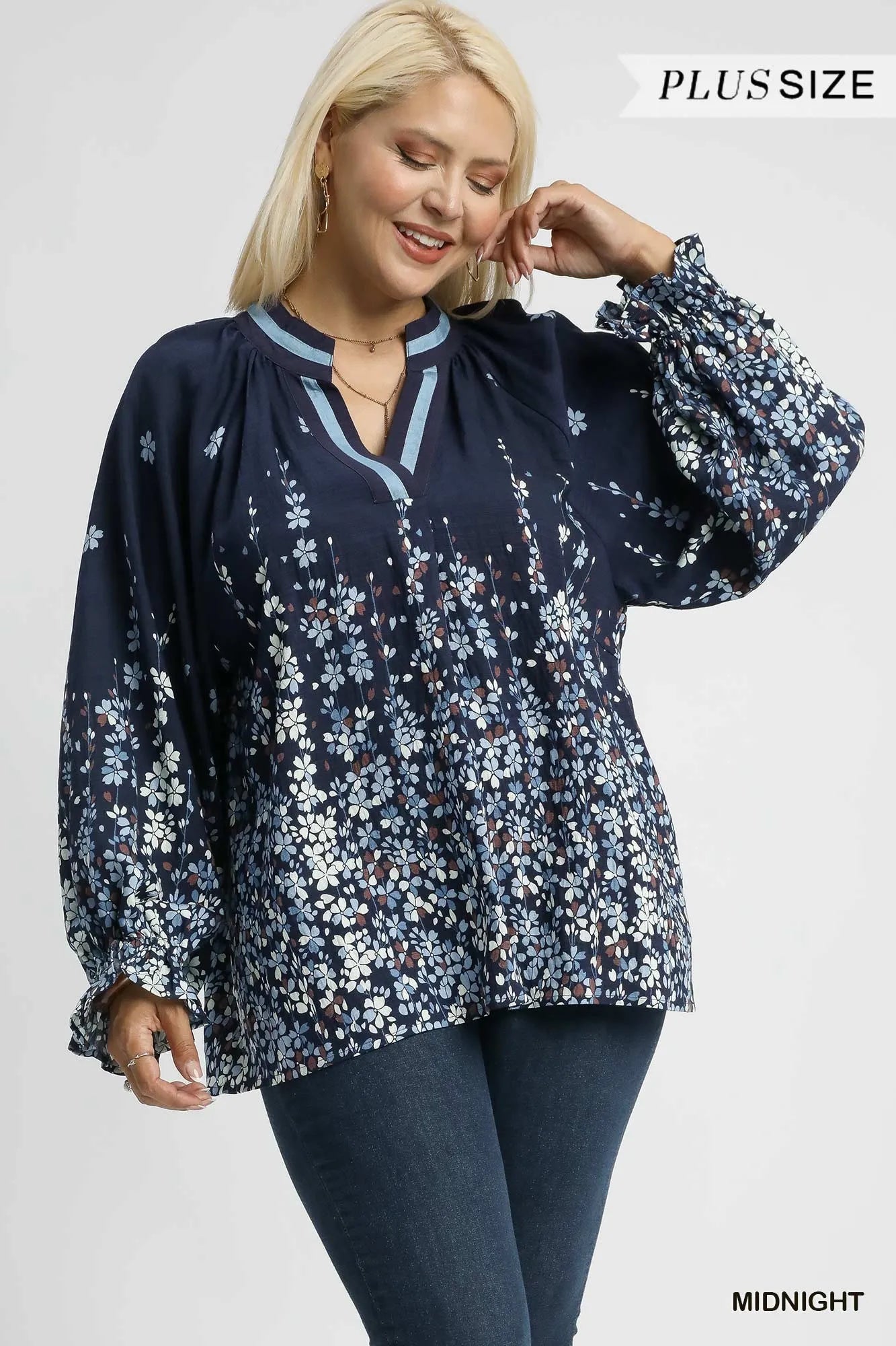 Trendsi Umgee Full Size Floral Vine Print Blouse with Balloon Sleeves Plus Size