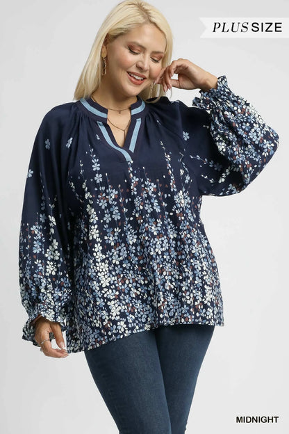 Trendsi Umgee Full Size Floral Vine Print Blouse with Balloon Sleeves Plus Size
