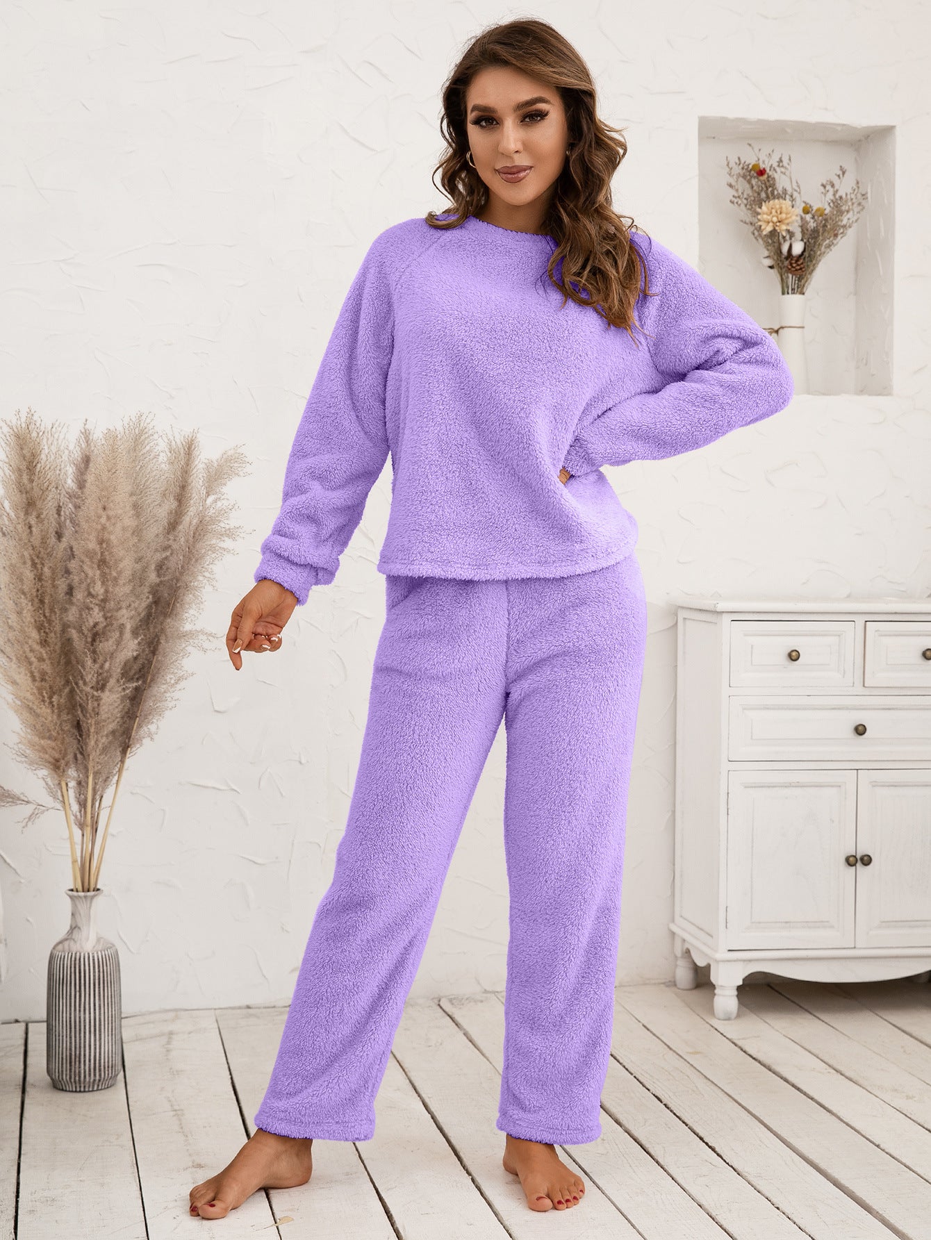 Ivy Lane Teddy Long Sleeve Top and Pants Lounge Set Easy Apparels