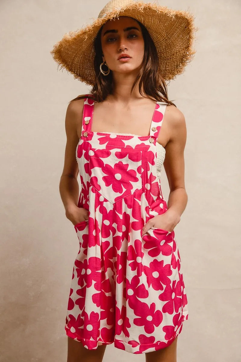 BiBi Floral Prints Tuck Detail Short Overall With Pockets Easy Apparels