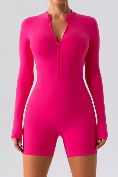 Half Zip Long Sleeve Active Romper Hot Pink Easy Apparels