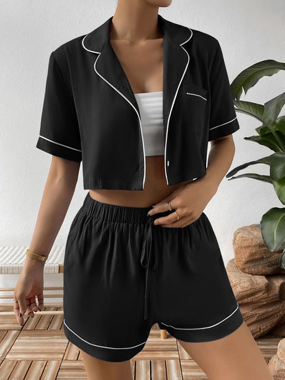 Ivy Lane Contrast Lapel Collar Cropped Shirt and Shorts Lounge Set Easy Apparels