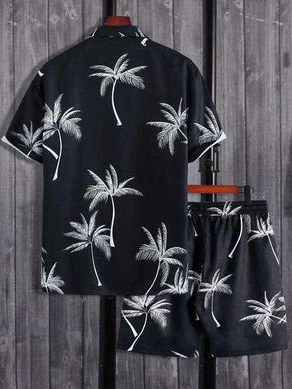 Men's Full Size Palm Print Button Up Shirt and Shorts Set Plus Size Easy Apparels
