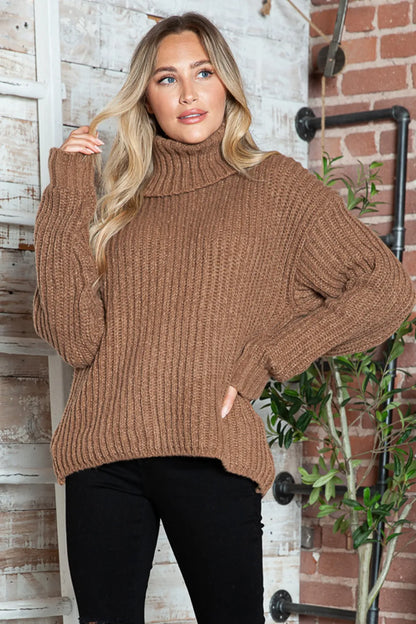 Turtleneck Dropped Shoulder Pullover Sweater Easy Apparels