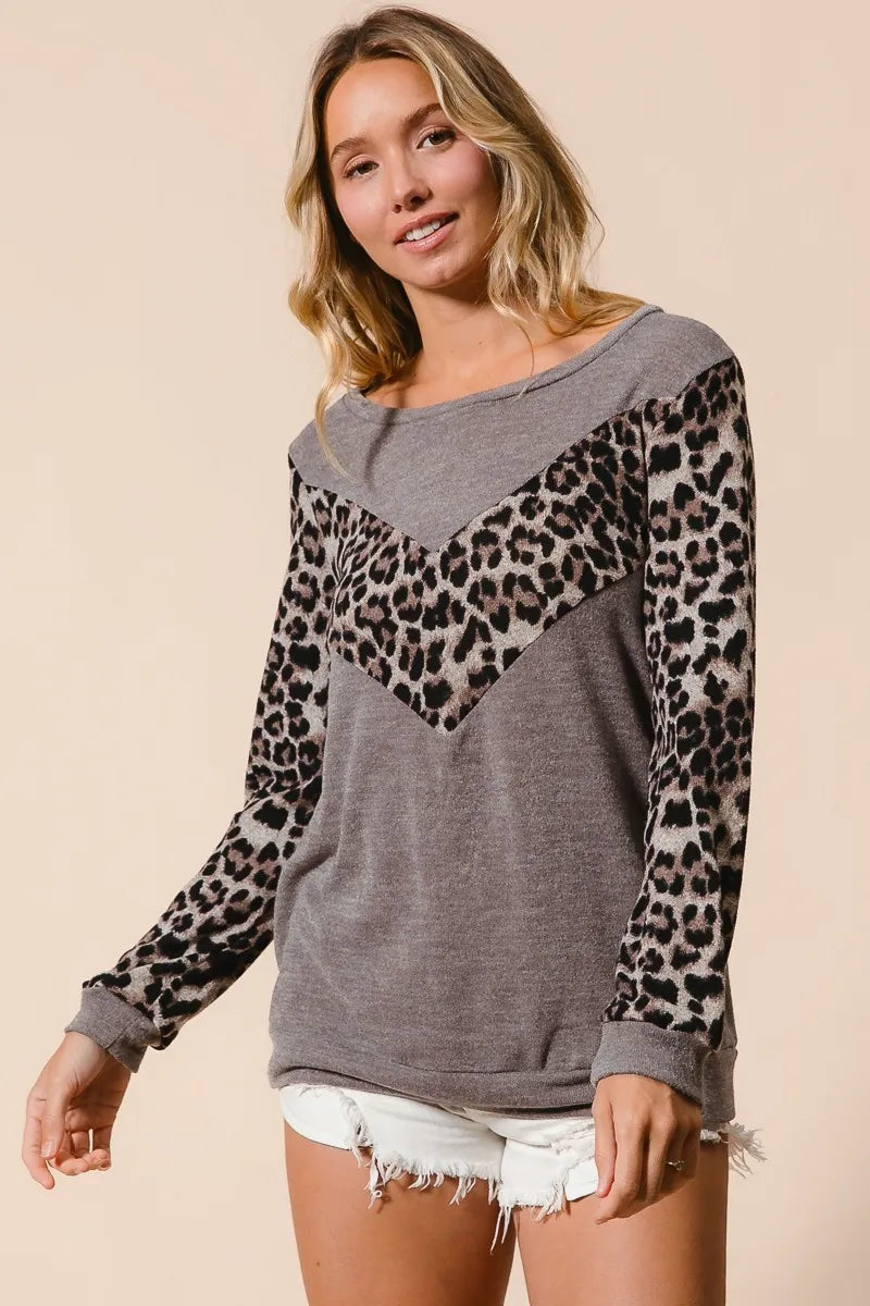 Trendsi BiBi Sweater Knit Top With Leopard V Shape Block