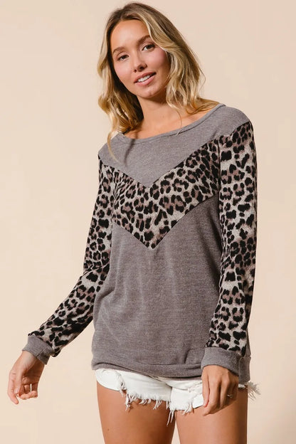 Trendsi BiBi Sweater Knit Top With Leopard V Shape Block