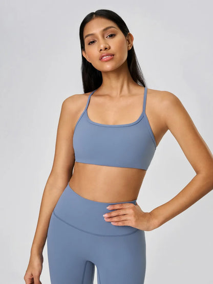 Millennia Crisscross Back Scoop Neck Active Cami with Detachable Chest Pads Dusty Blue Easy Apparels