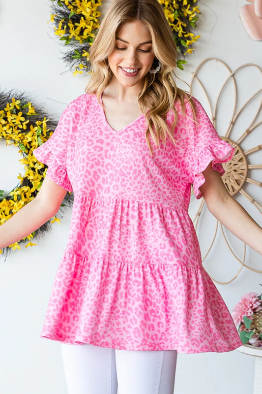Trendsi Heimish Full Size Leopard Ruffle Trim Short Sleeve Top PINK