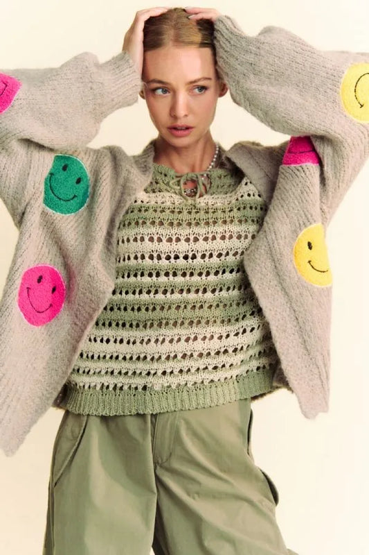 Davi & Dani Fuzzy Smile Open Front Long Sleeve Cardigan Gray Easy Apparels