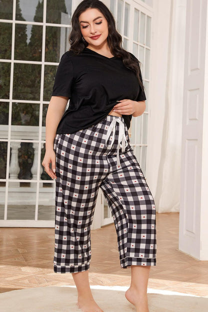V-Neck Tee and Plaid Cropped Pants Lounge Set Easy Apparels