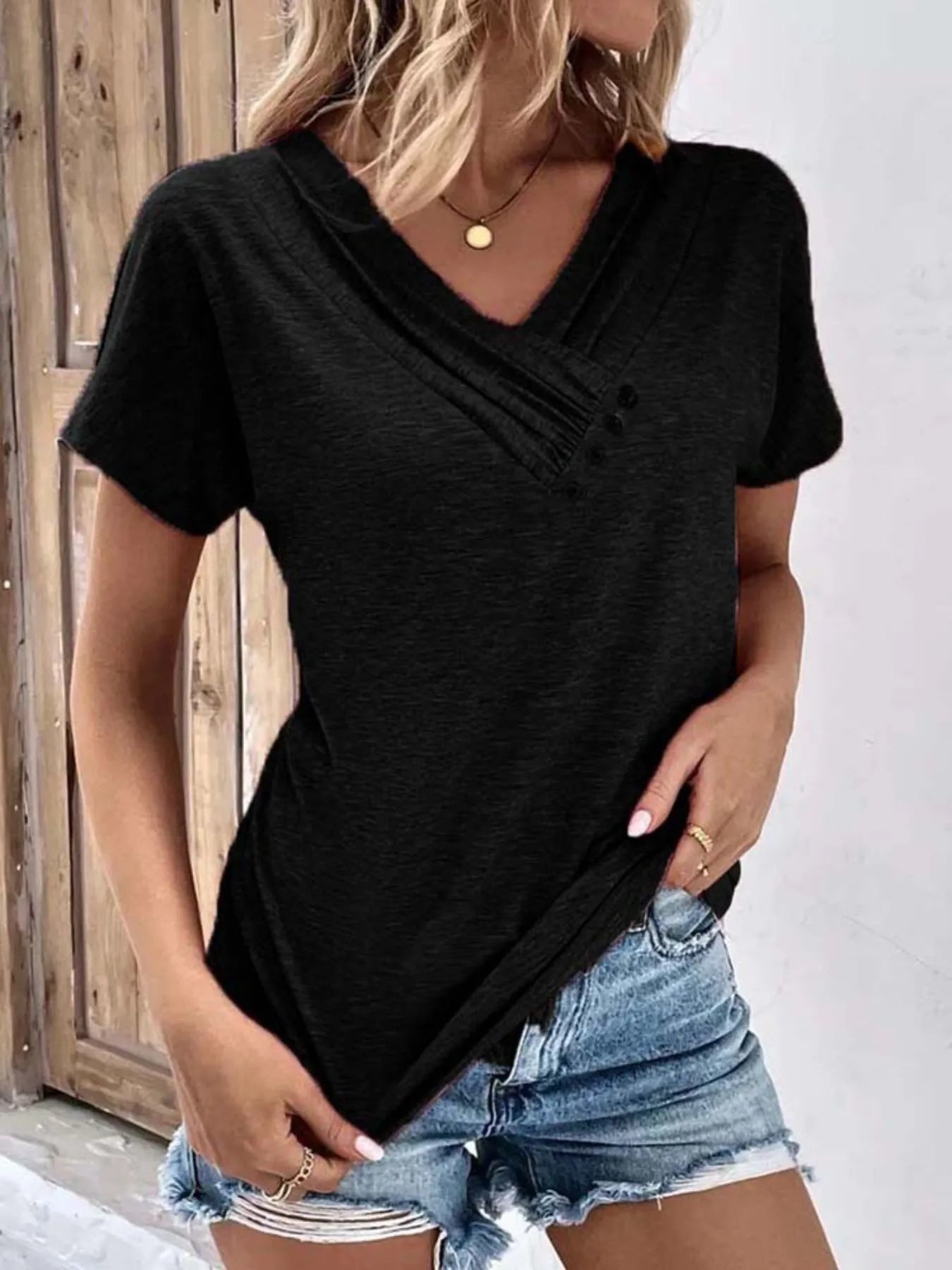 Trendsi Decor Button Short Sleeve T-Shirt