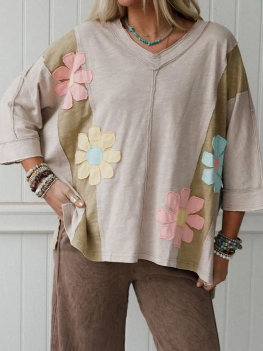 Trendsi Floral Patch Color Block V-Neck T-Shirt Beige