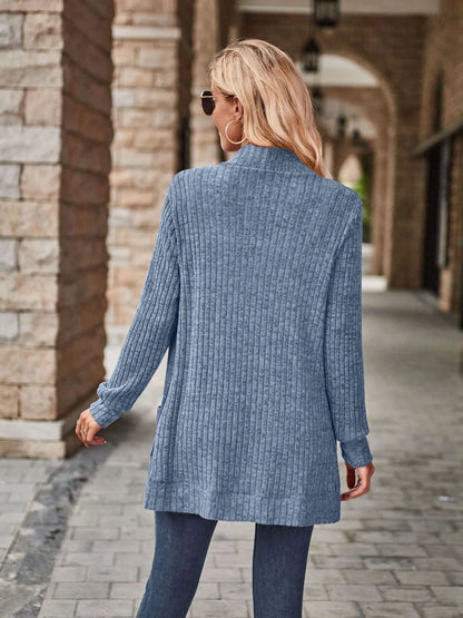 Ribbed Open Front Long Cardigan with Pockets Easy Apparels