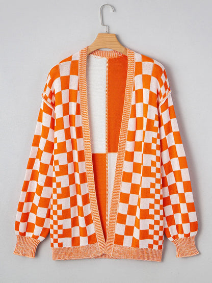 Checkered Pattern Open Front Cardigan Easy Apparels