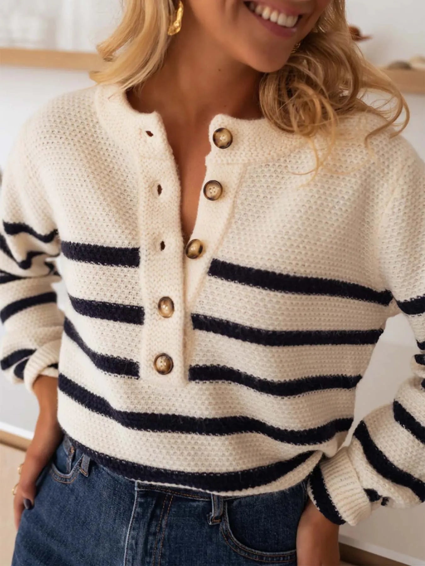 Trendsi Striped Button-Front Sweater