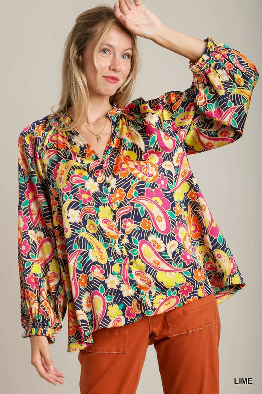 Trendsi Umgee Full Size Satin Paisley Ruffle Neck Button-Up Shirt Plus Size Lime