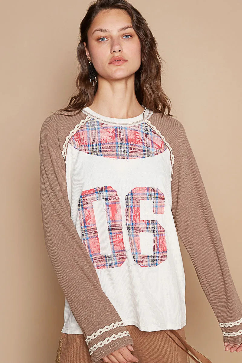 Trendsi POL Plaid Number 06 Raglan Sleeve T-Shirt