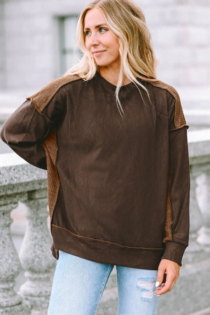 Trendsi Ribbed Exposed Seam Dropped Shoulder Blouse