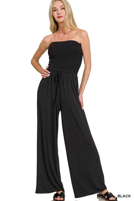 Zenana Strapless Wide Leg Smocked Jumpsuit BLACK Easy Apparels