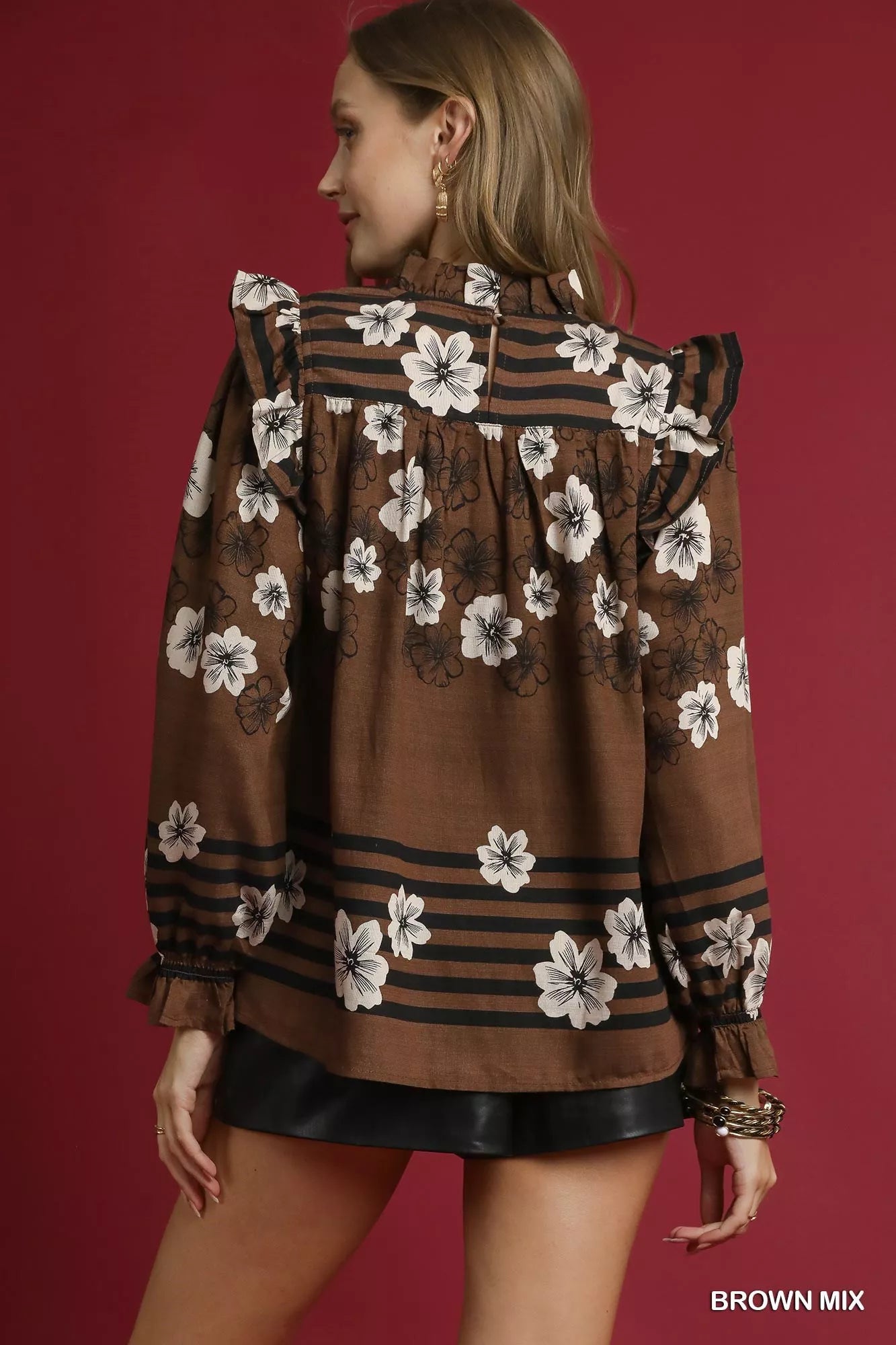 Trendsi Umgee Full Size Mix Floral Smocked Ruffle Blouse Plus Size
