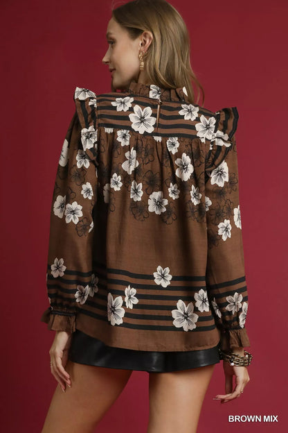 Trendsi Umgee Full Size Mix Floral Smocked Ruffle Blouse Plus Size