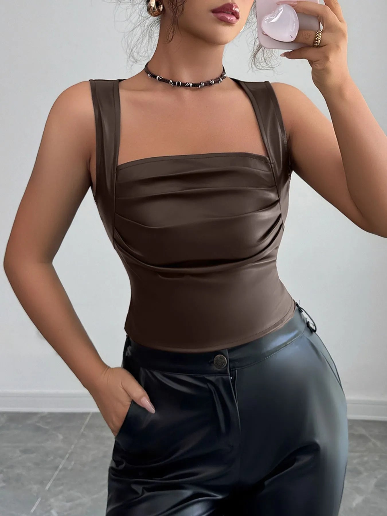 Trendsi Leather-Look Ruched Tank