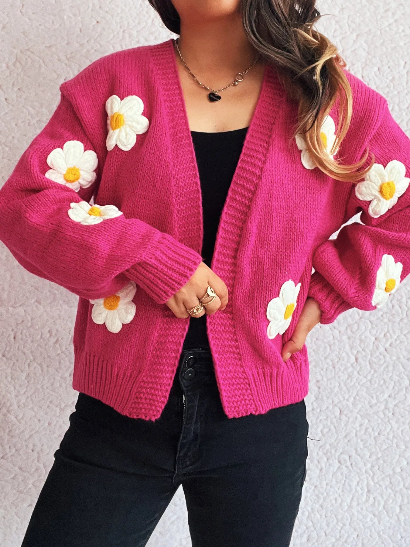 Flower Open Front Long Sleeve Cardigan Easy Apparels