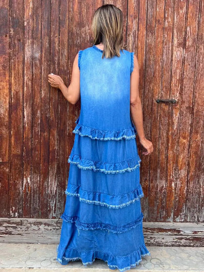 Raw Hem Layered Denim Maxi Dress Easy Apparels