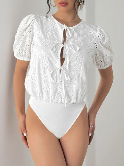 Trendsi Perfee Tied Eyelet Short Sleeve Bodysuit