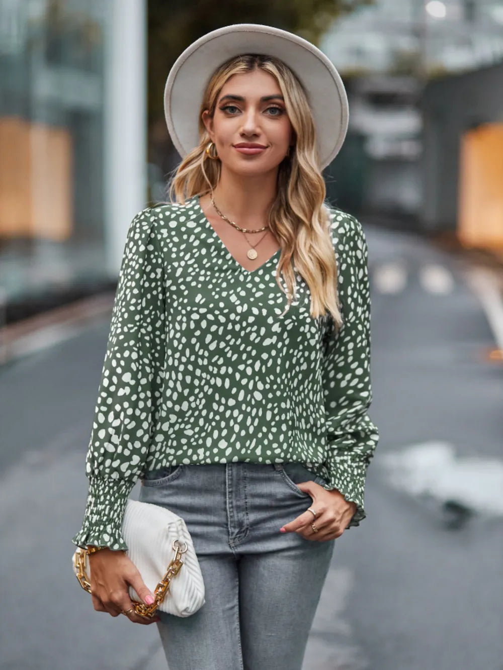 Trendsi Printed V-Neck Lantern Sleeve Blouse Sage