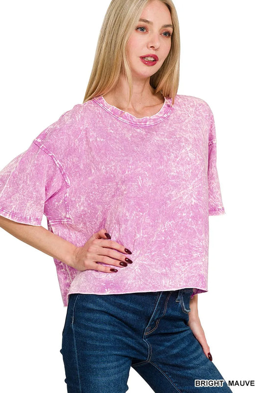 Trendsi Zenana Acid Crinkle-Washed Oversized T-Shirt BRIGHT MAUVE