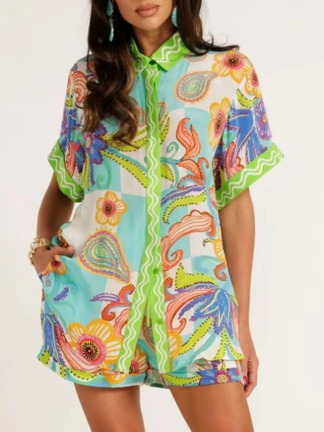 Tropical Print Button Up Shirt and Shorts Set Green Easy Apparels