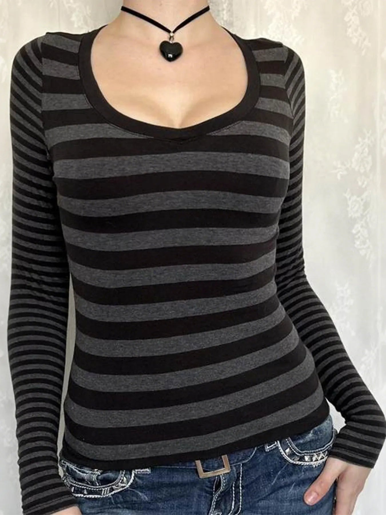 Trendsi Striped Long Sleeve Contrast T-Shirt