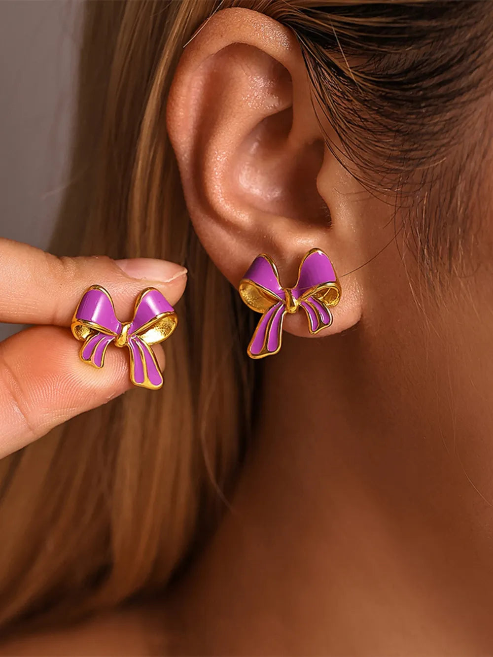 Stainless Steel Oil Drip Bow Stud Earrings Vivid Violet One Size Easy Apparels