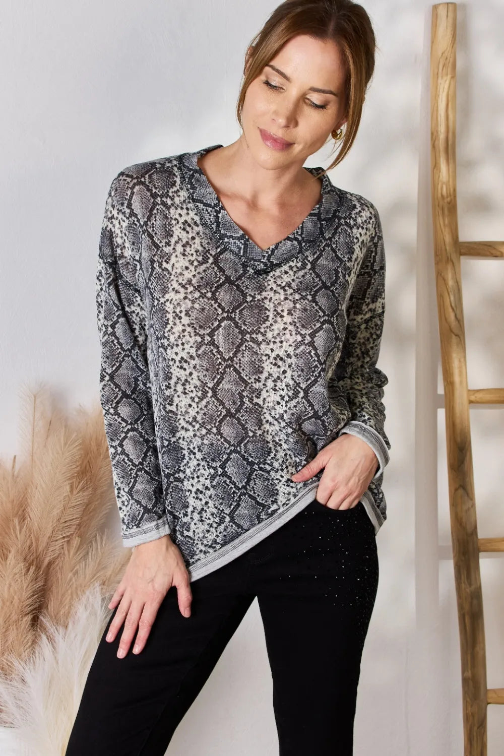 Trendsi Hailey & Co Full Size Snakeskin V-Neck Long Sleeve Top