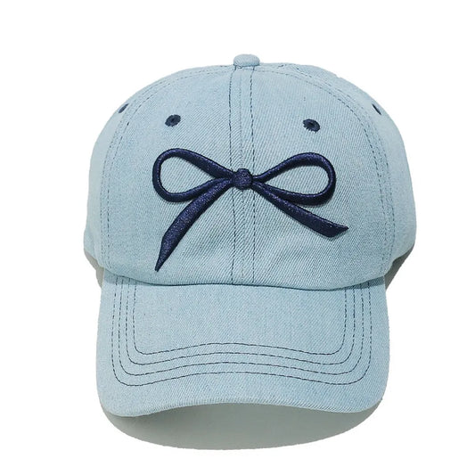 Bow Embroidered Denim Baseball Cap Light Blue One Size Easy Apparels