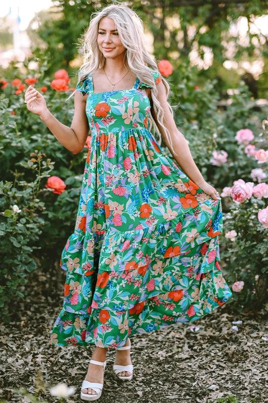 Tiered Ruffled Printed Sleeveless Dress Dark Green Easy Apparels