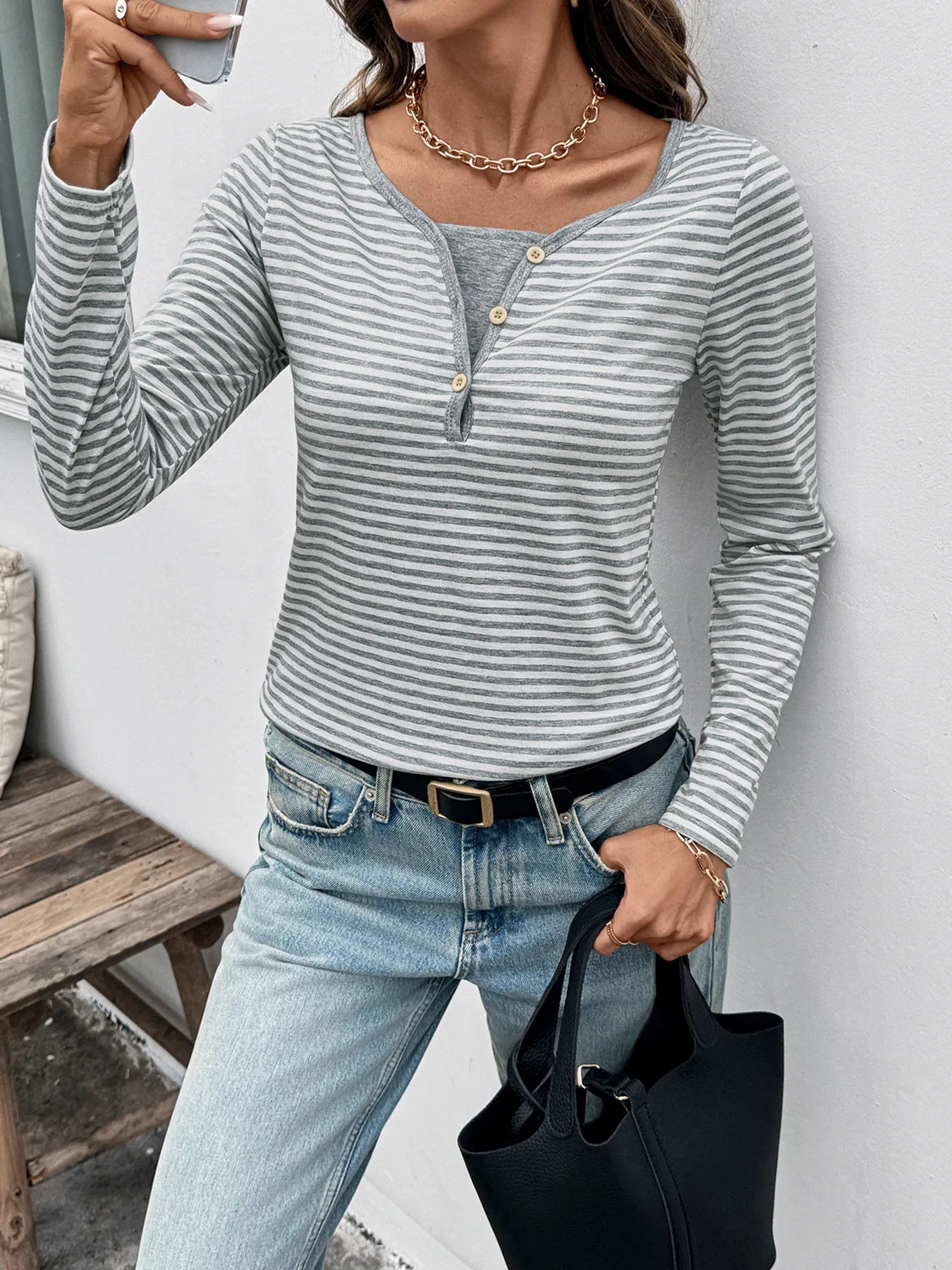 Trendsi Striped Long Sleeve Casual T-Shirt