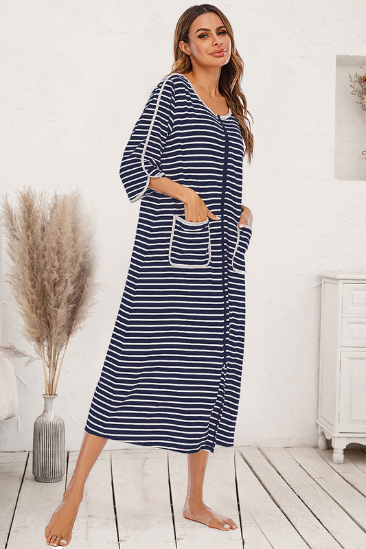 Round Neck Three-Quarter Sleeve Midi Night Dress Navy Easy Apparels