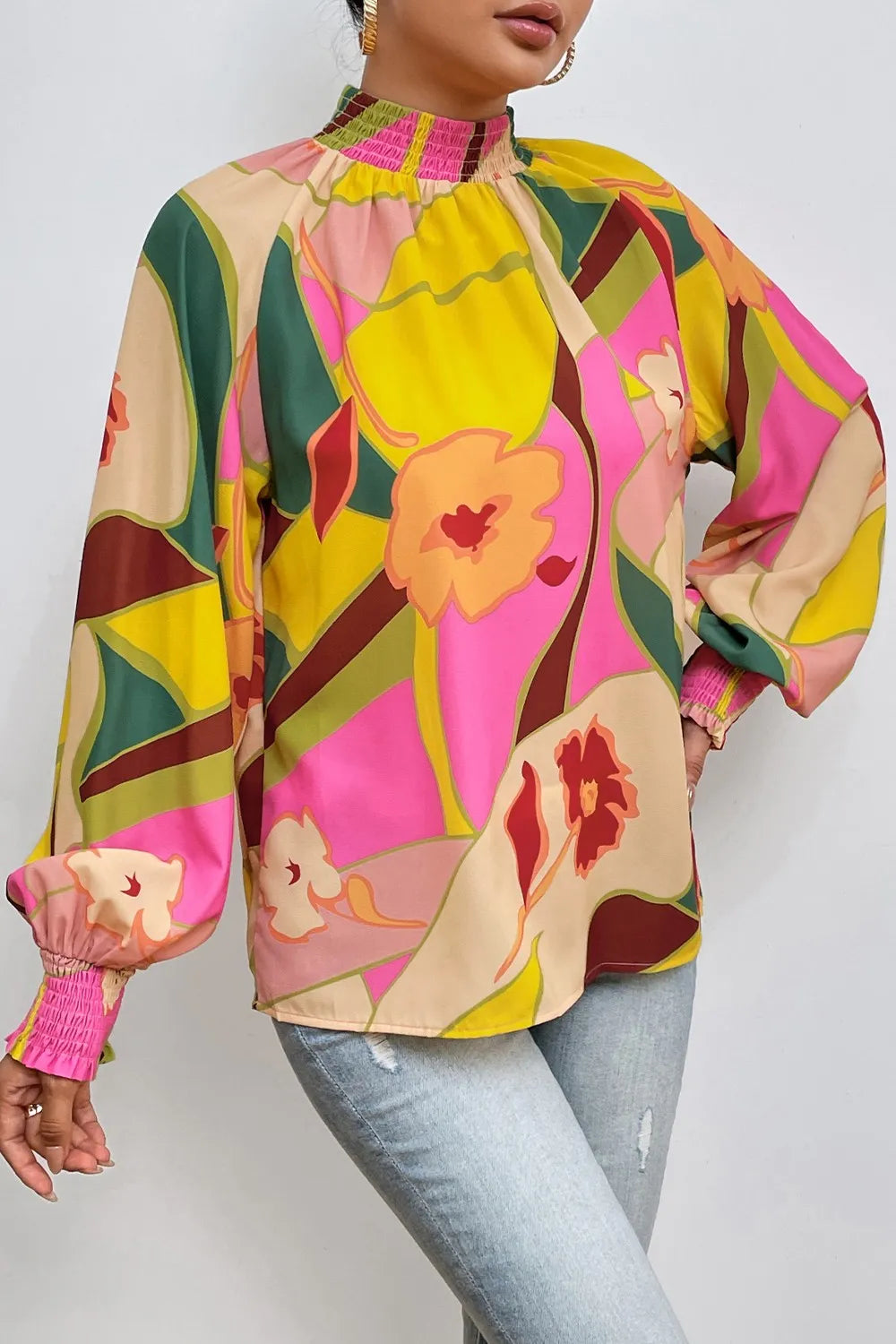 Trendsi Floral Smocked Lantern Sleeve Mock Neck Blouse